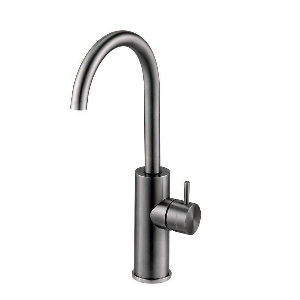 Deck mounted washbasin mixer with swivel U spout and waste valve - PVD Gun Metal Chromed Brushed