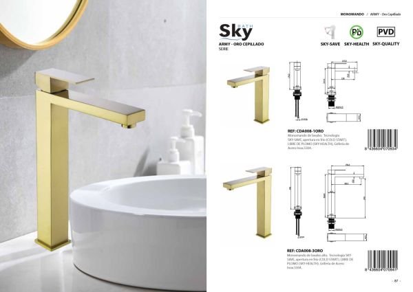 Monomando de lavabo alto Army Oro Cepillado